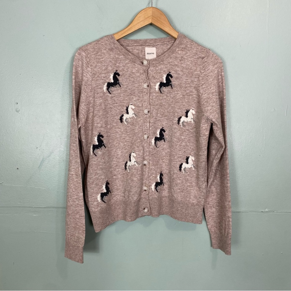 Anthropologie Maeve Icon‎ Cardigan Horse Sweater Large FLAWED